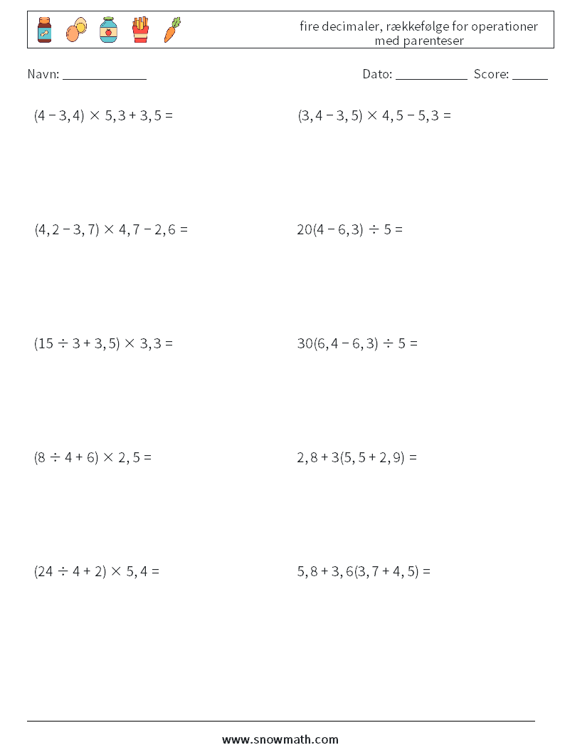(10) fire decimaler, rækkefølge for operationer med parenteser Matematiske regneark 13