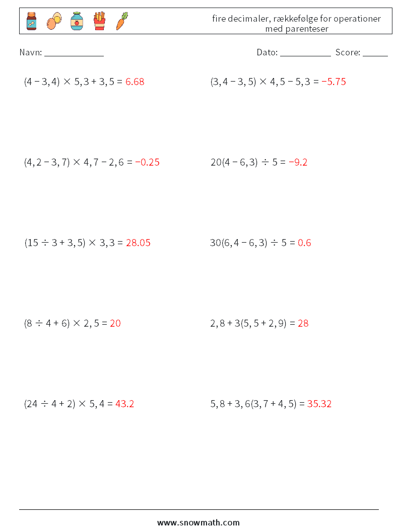 (10) fire decimaler, rækkefølge for operationer med parenteser Matematiske regneark 13 Spørgsmål, svar