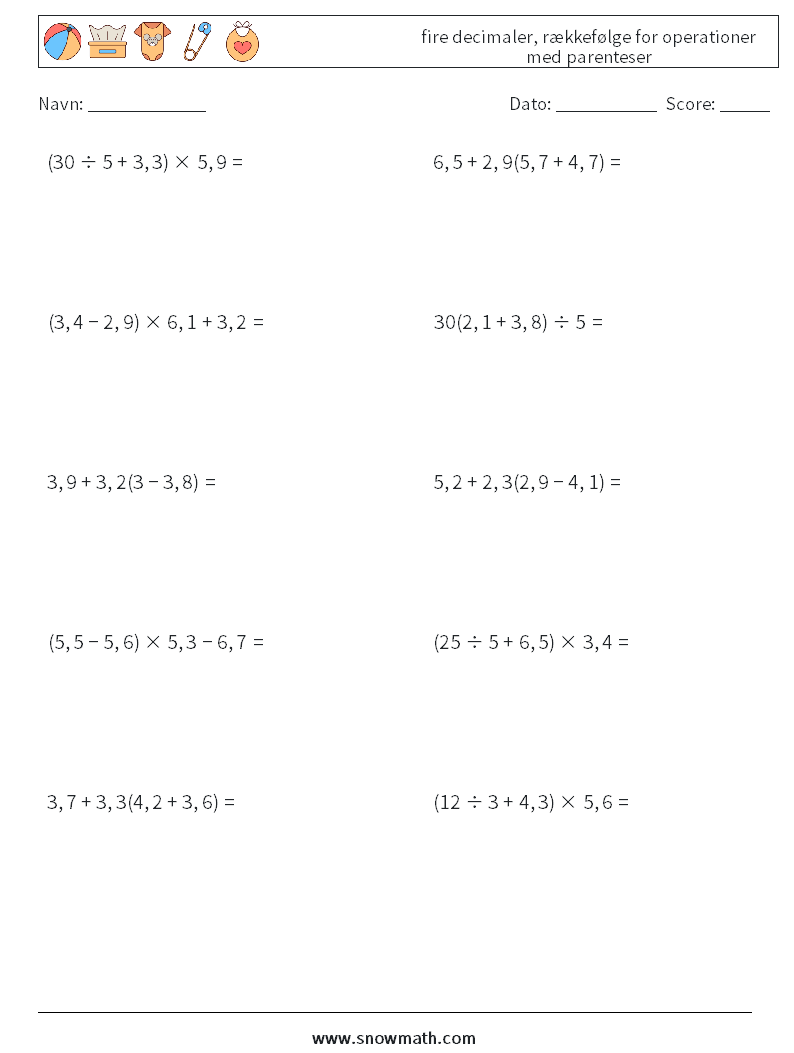(10) fire decimaler, rækkefølge for operationer med parenteser Matematiske regneark 15