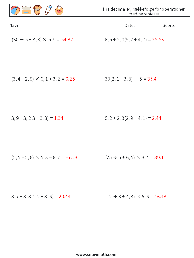 (10) fire decimaler, rækkefølge for operationer med parenteser Matematiske regneark 15 Spørgsmål, svar