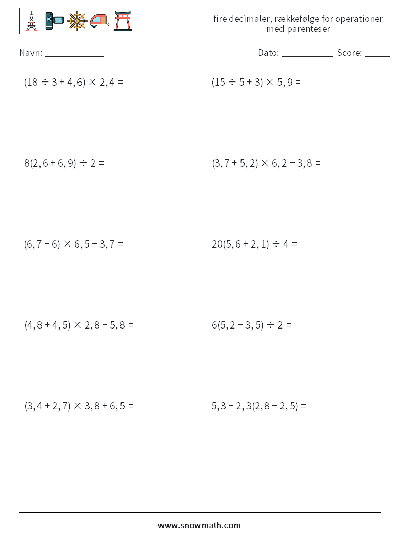 (10) fire decimaler, rækkefølge for operationer med parenteser Matematiske regneark 16