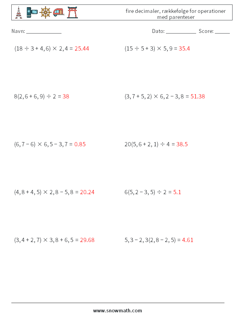 (10) fire decimaler, rækkefølge for operationer med parenteser Matematiske regneark 16 Spørgsmål, svar