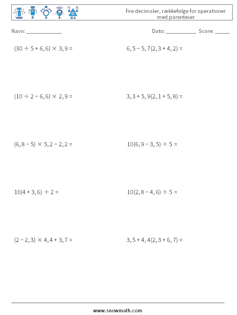 (10) fire decimaler, rækkefølge for operationer med parenteser Matematiske regneark 17