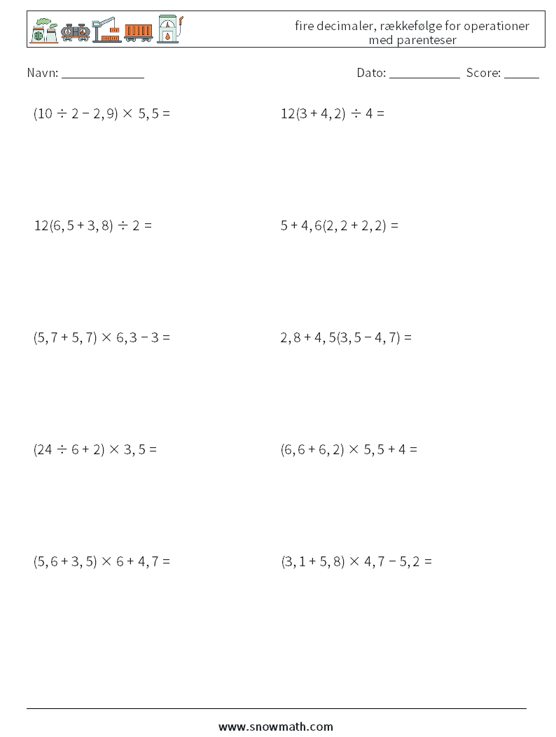 (10) fire decimaler, rækkefølge for operationer med parenteser Matematiske regneark 18