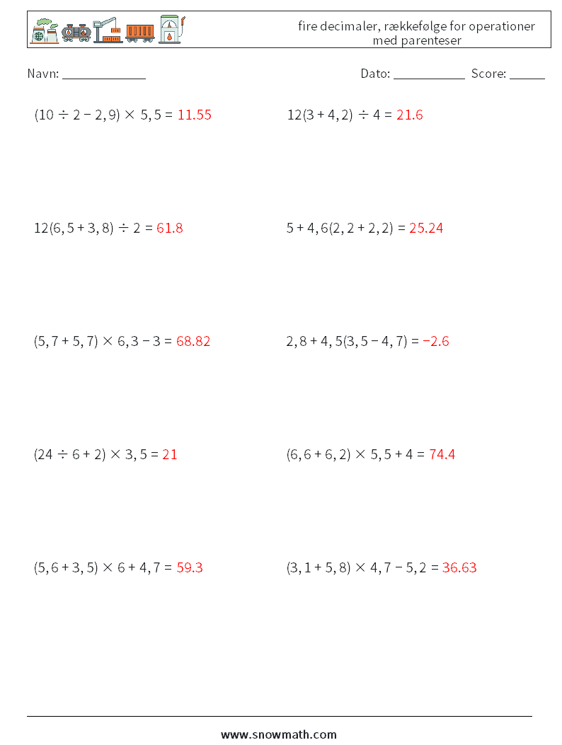 (10) fire decimaler, rækkefølge for operationer med parenteser Matematiske regneark 18 Spørgsmål, svar