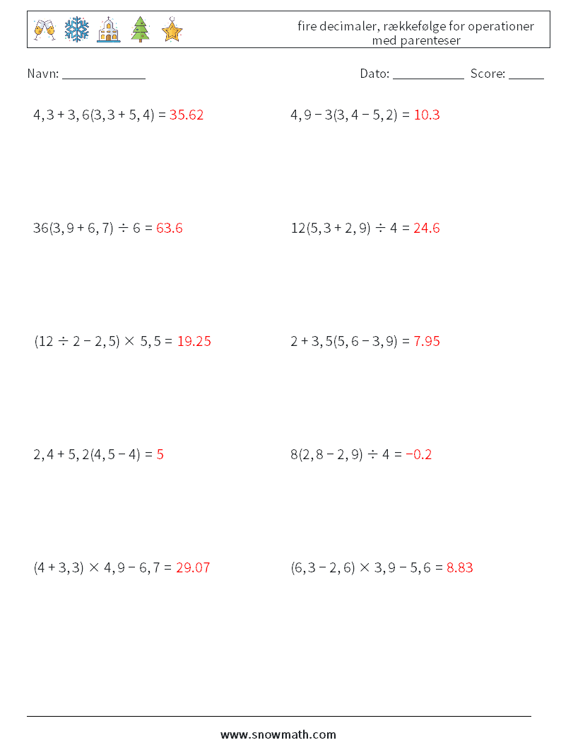 (10) fire decimaler, rækkefølge for operationer med parenteser Matematiske regneark 1 Spørgsmål, svar