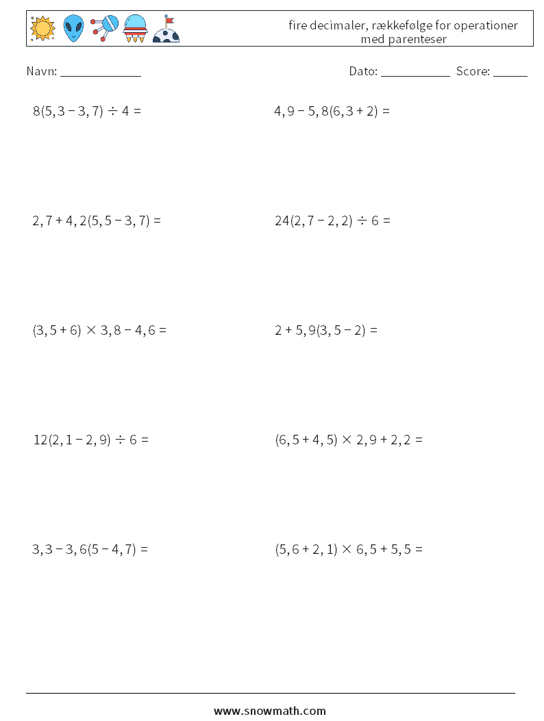 (10) fire decimaler, rækkefølge for operationer med parenteser Matematiske regneark 2