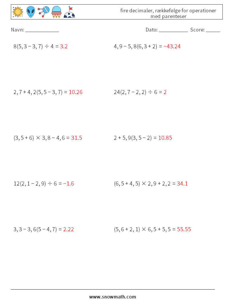 (10) fire decimaler, rækkefølge for operationer med parenteser Matematiske regneark 2 Spørgsmål, svar