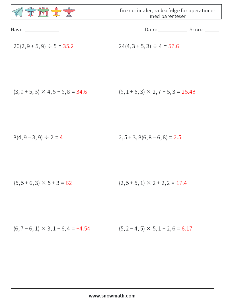 (10) fire decimaler, rækkefølge for operationer med parenteser Matematiske regneark 3 Spørgsmål, svar