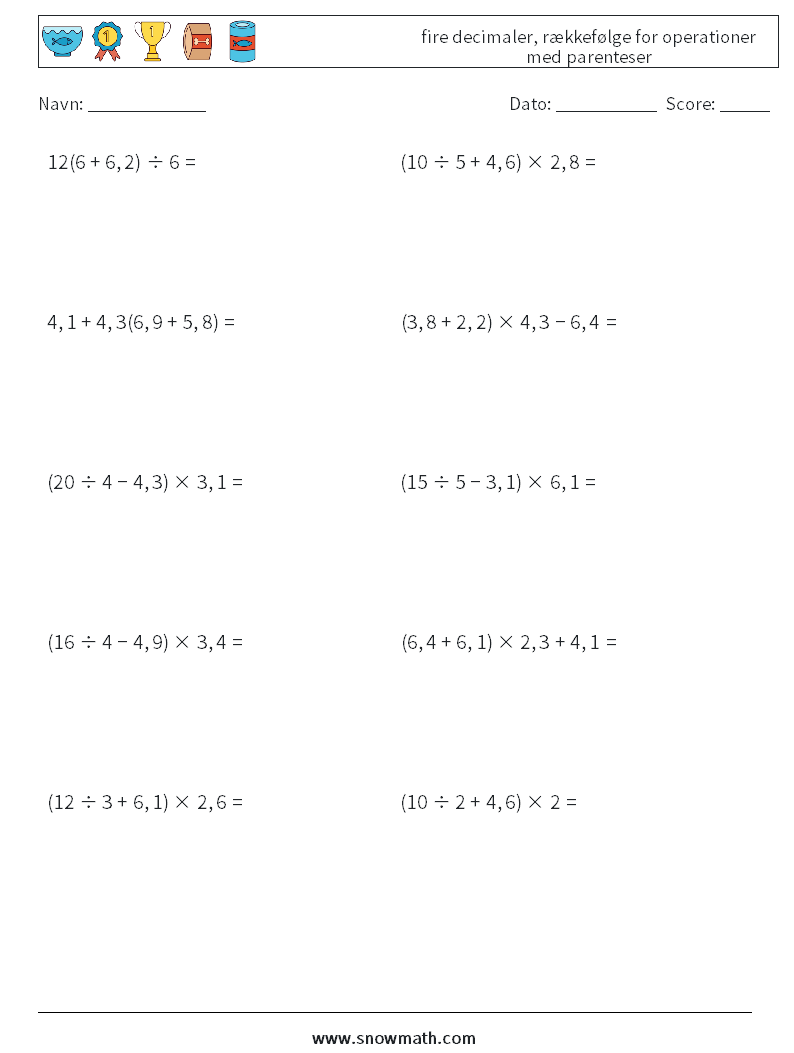 (10) fire decimaler, rækkefølge for operationer med parenteser Matematiske regneark 4