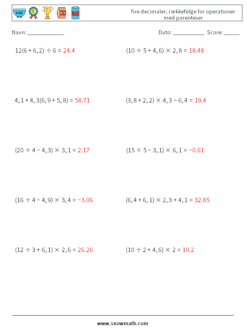 (10) fire decimaler, rækkefølge for operationer med parenteser Matematiske regneark 4 Spørgsmål, svar