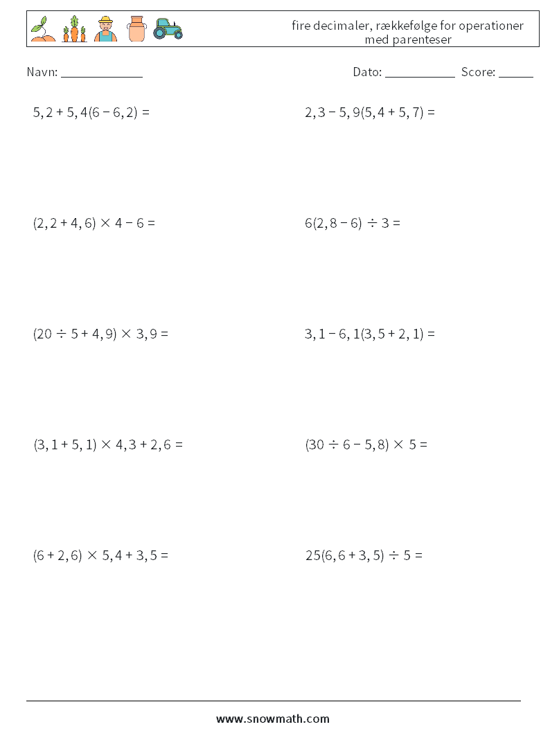 (10) fire decimaler, rækkefølge for operationer med parenteser Matematiske regneark 5