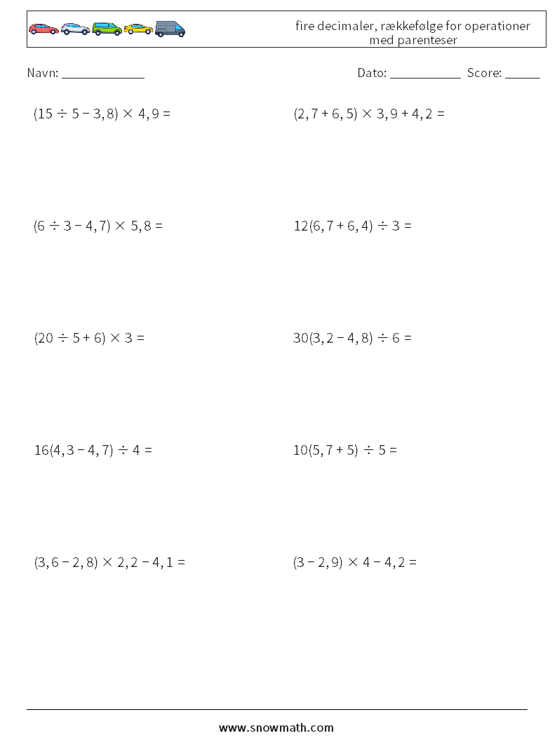 (10) fire decimaler, rækkefølge for operationer med parenteser Matematiske regneark 6