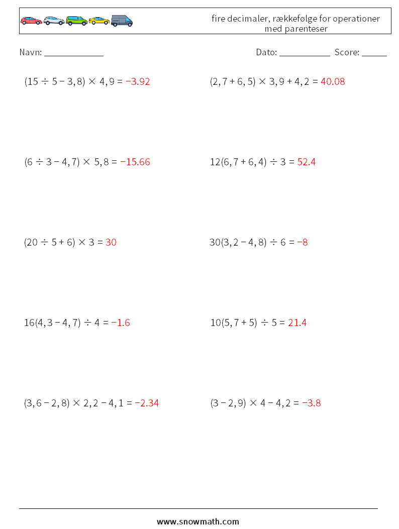 (10) fire decimaler, rækkefølge for operationer med parenteser Matematiske regneark 6 Spørgsmål, svar