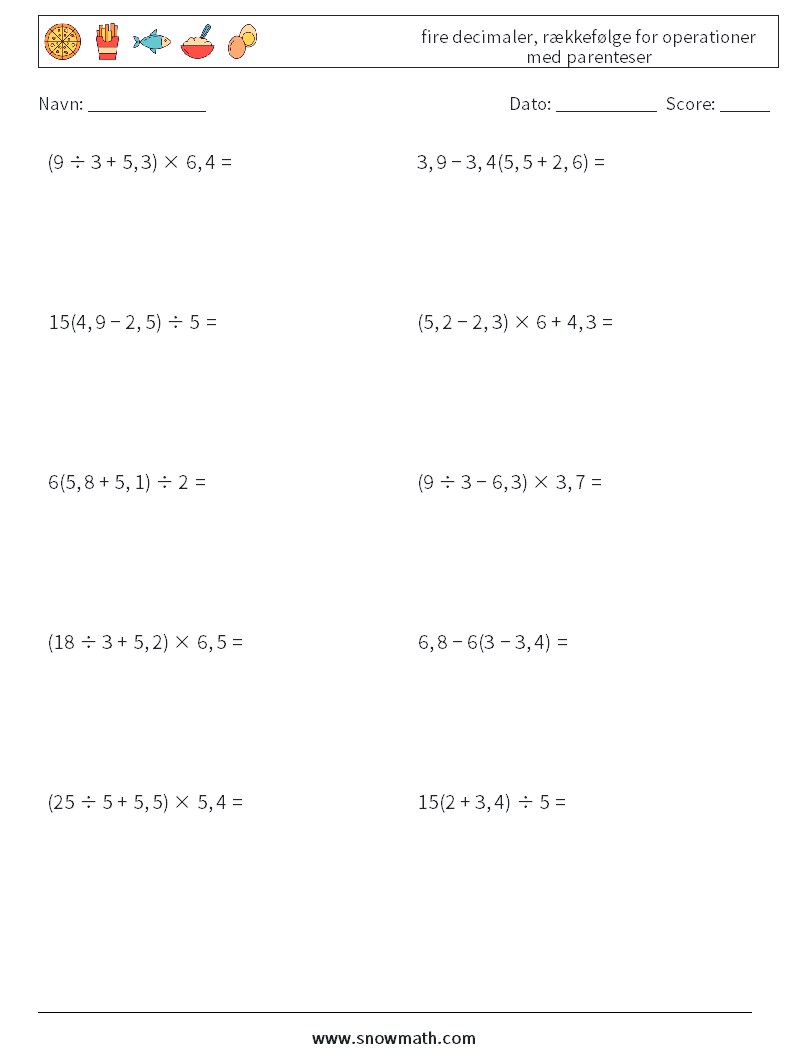 (10) fire decimaler, rækkefølge for operationer med parenteser Matematiske regneark 8