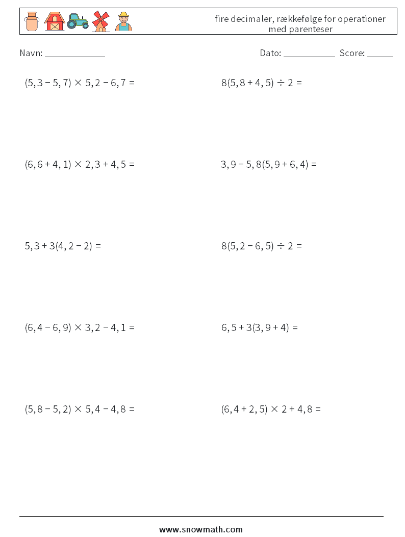 (10) fire decimaler, rækkefølge for operationer med parenteser Matematiske regneark 9