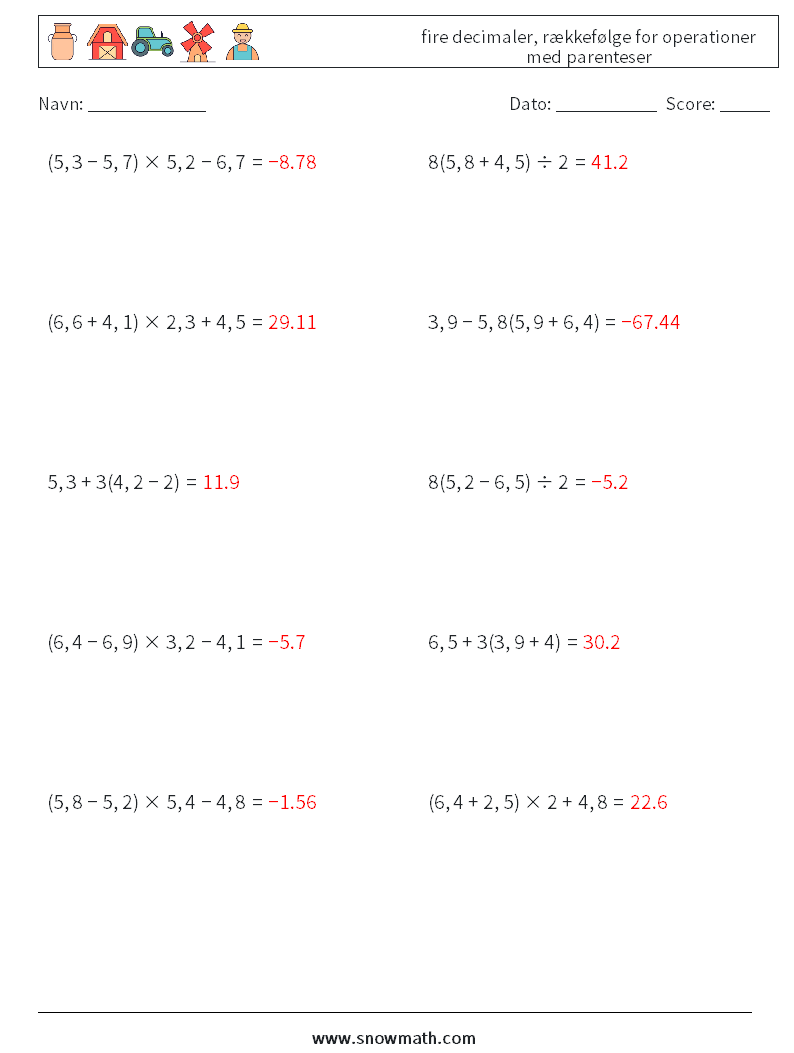 (10) fire decimaler, rækkefølge for operationer med parenteser Matematiske regneark 9 Spørgsmål, svar