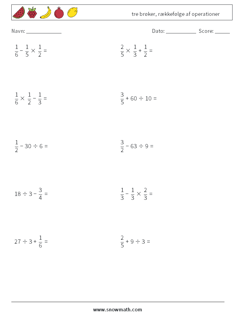 (10) tre brøker, rækkefølge af operationer Matematiske regneark 11