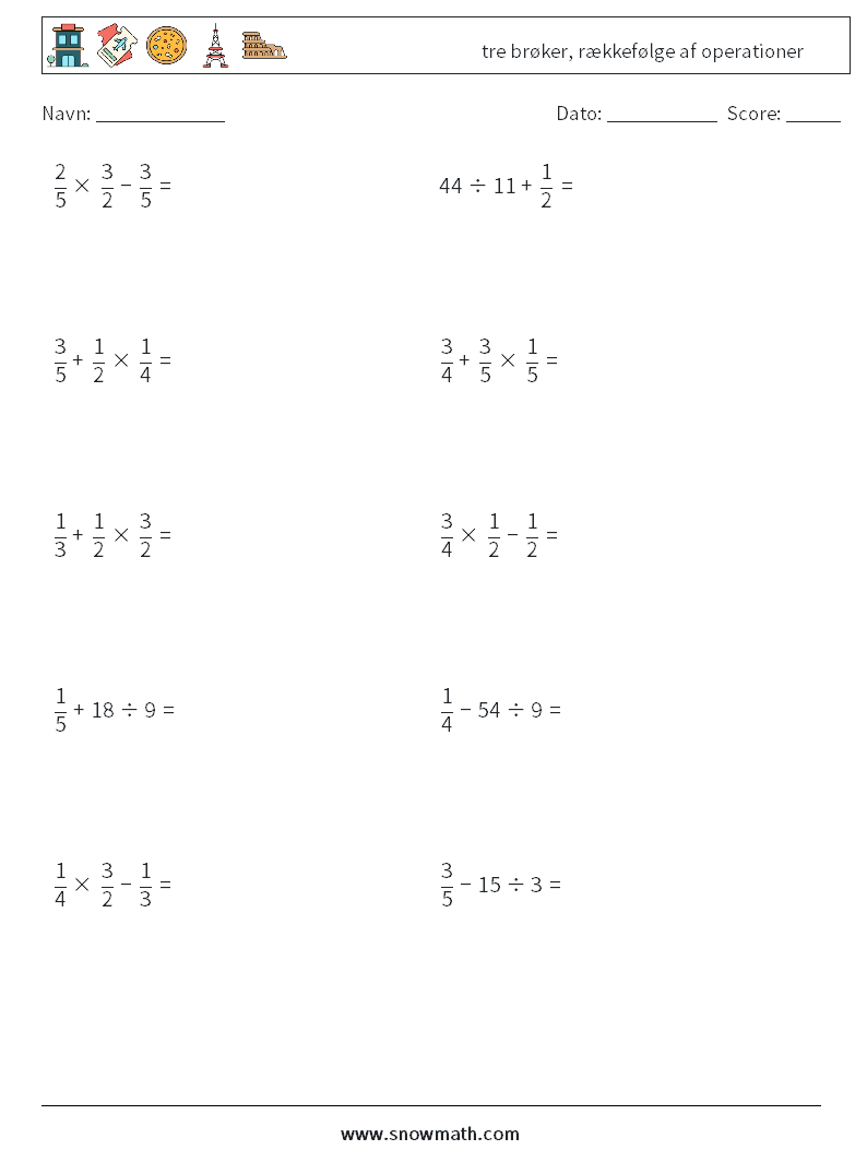 (10) tre brøker, rækkefølge af operationer Matematiske regneark 12