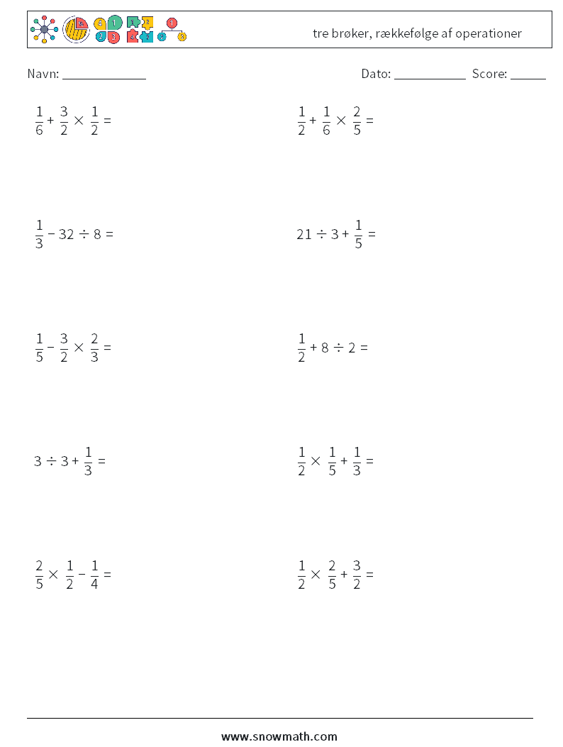 (10) tre brøker, rækkefølge af operationer Matematiske regneark 13