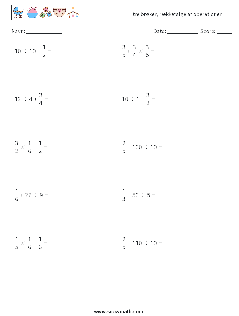 (10) tre brøker, rækkefølge af operationer Matematiske regneark 14