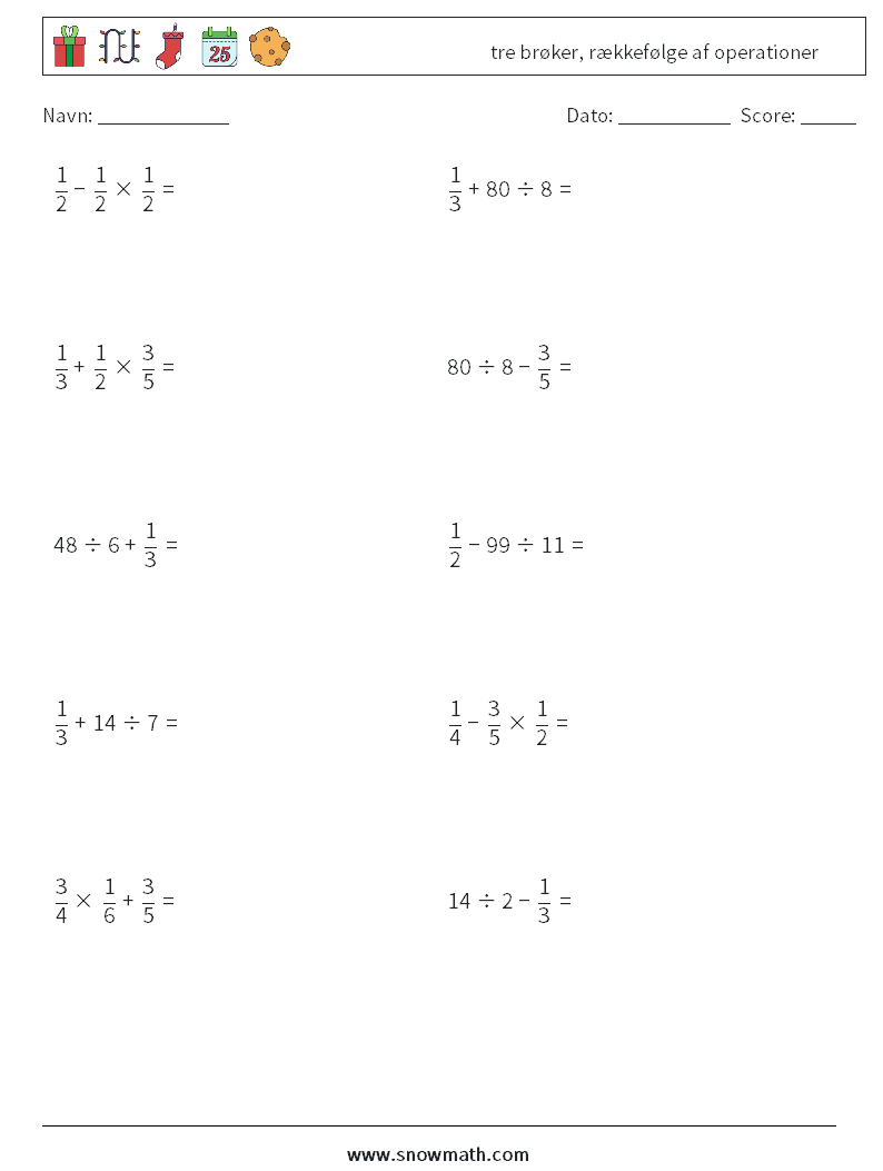 (10) tre brøker, rækkefølge af operationer Matematiske regneark 15