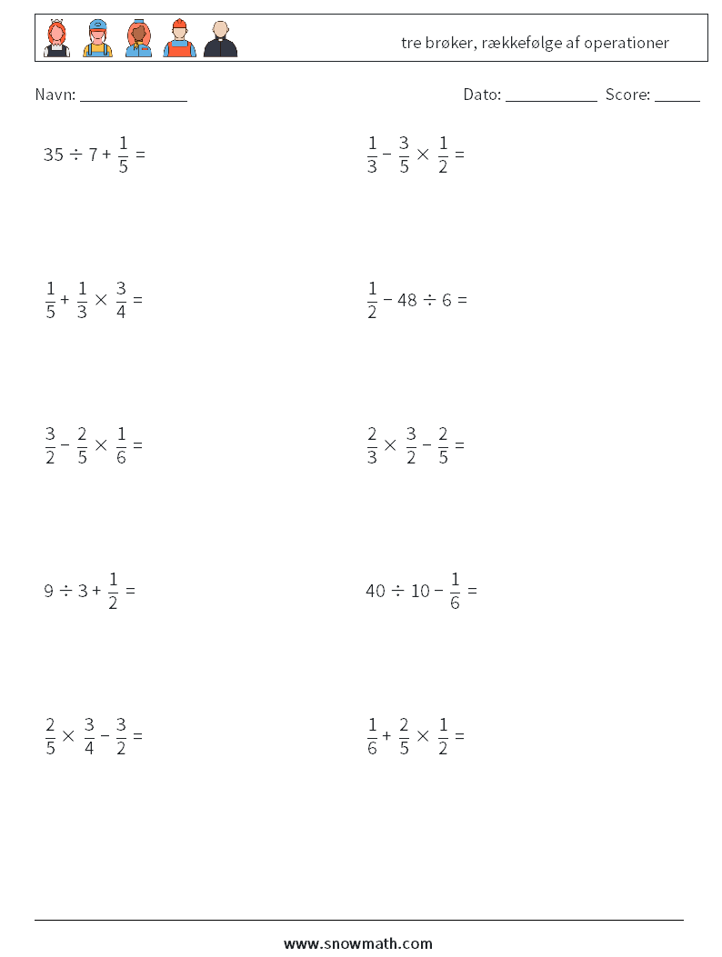 (10) tre brøker, rækkefølge af operationer Matematiske regneark 18