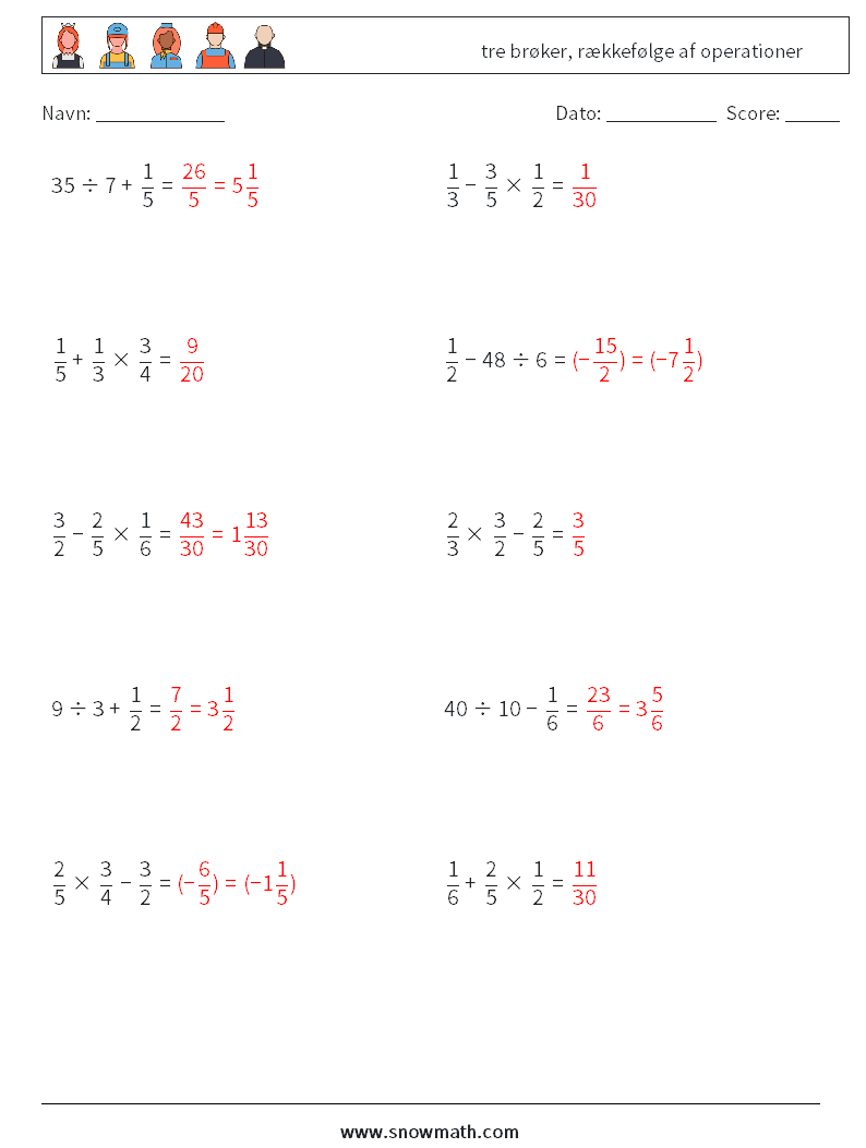 (10) tre brøker, rækkefølge af operationer Matematiske regneark 18 Spørgsmål, svar
