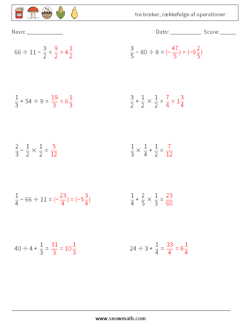 (10) tre brøker, rækkefølge af operationer Matematiske regneark 1 Spørgsmål, svar