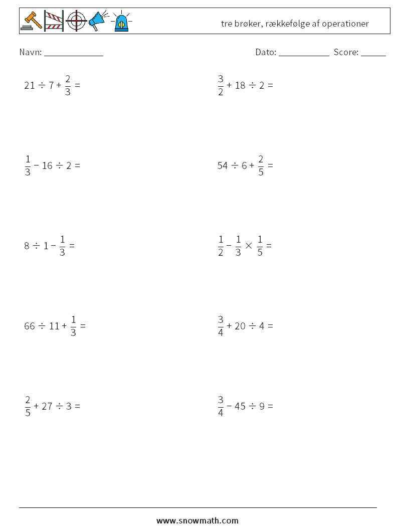 (10) tre brøker, rækkefølge af operationer Matematiske regneark 3