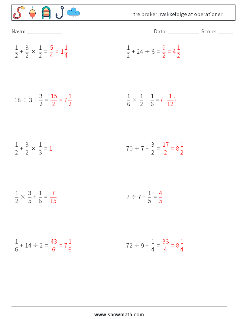 (10) tre brøker, rækkefølge af operationer Matematiske regneark 6 Spørgsmål, svar