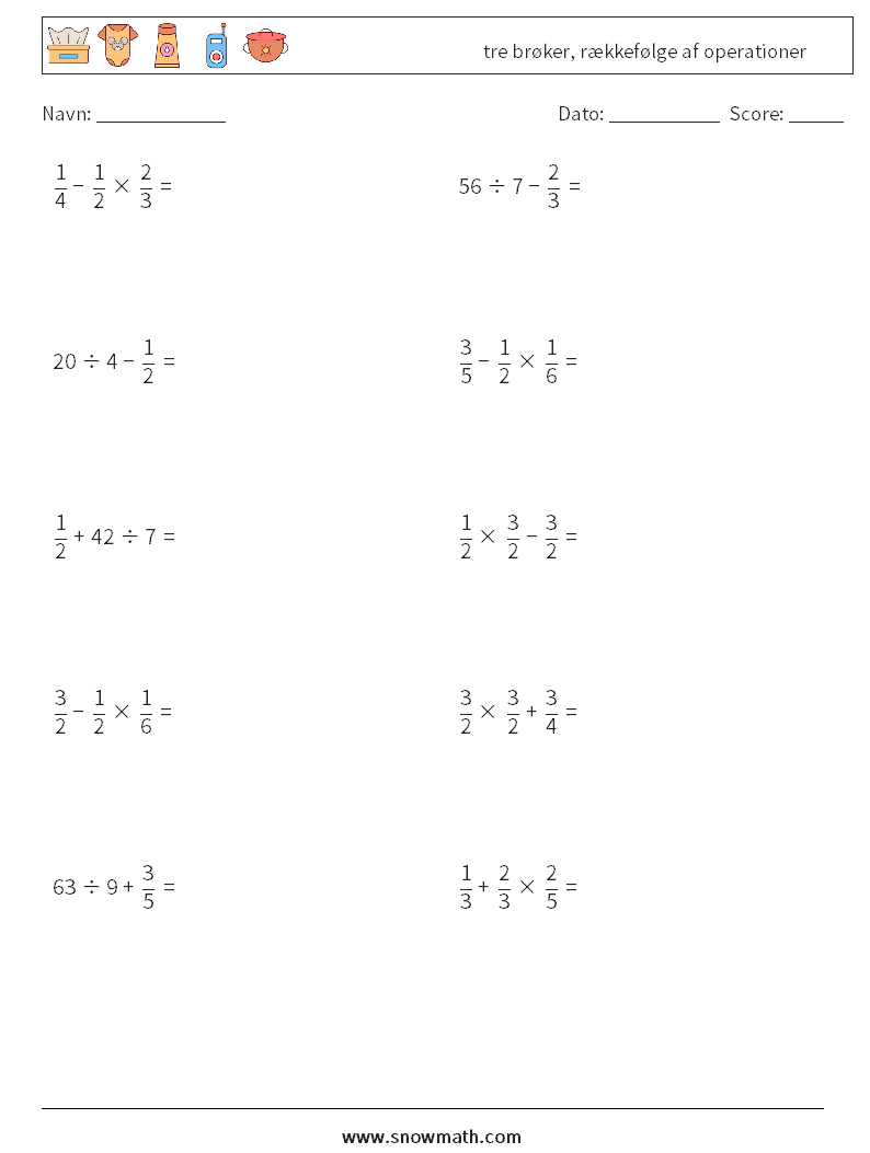 (10) tre brøker, rækkefølge af operationer Matematiske regneark 9
