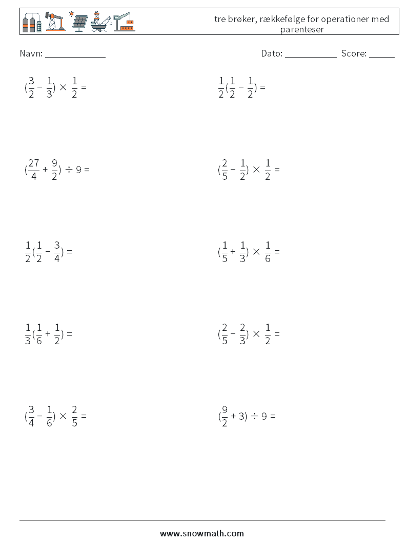 (10) tre brøker, rækkefølge for operationer med parenteser Matematiske regneark 13