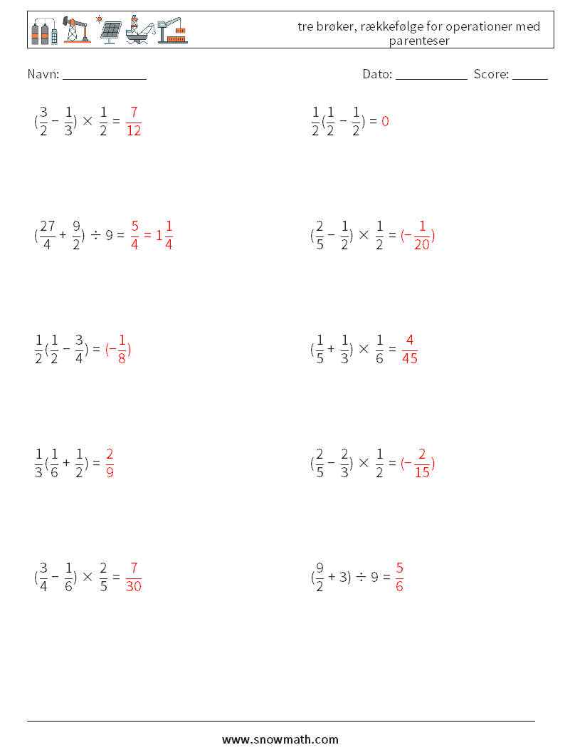 (10) tre brøker, rækkefølge for operationer med parenteser Matematiske regneark 13 Spørgsmål, svar
