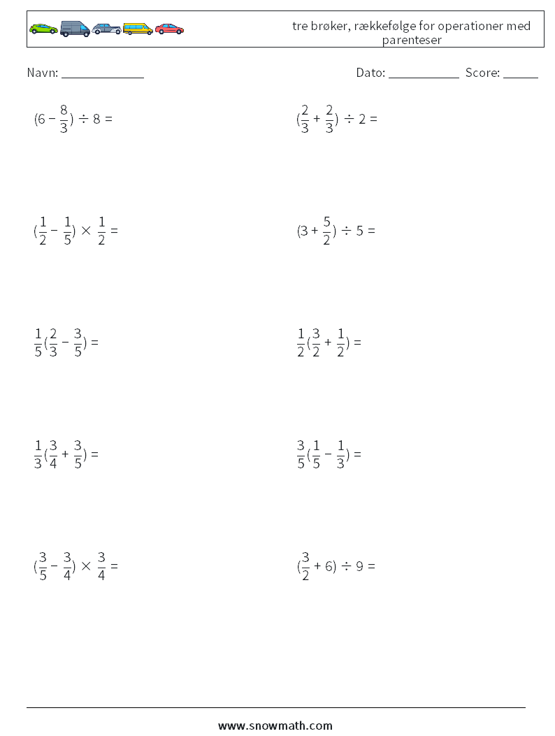 (10) tre brøker, rækkefølge for operationer med parenteser Matematiske regneark 14