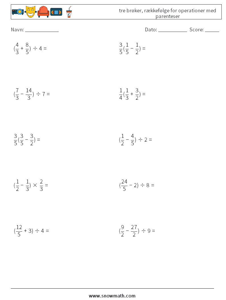 (10) tre brøker, rækkefølge for operationer med parenteser Matematiske regneark 16