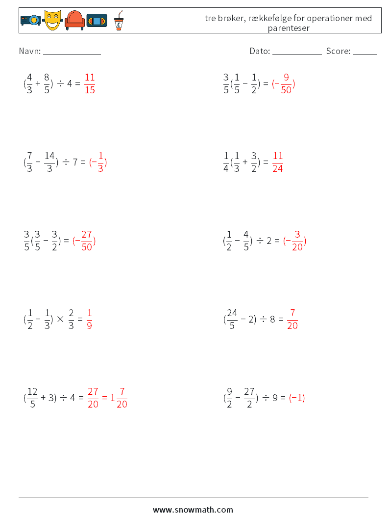 (10) tre brøker, rækkefølge for operationer med parenteser Matematiske regneark 16 Spørgsmål, svar