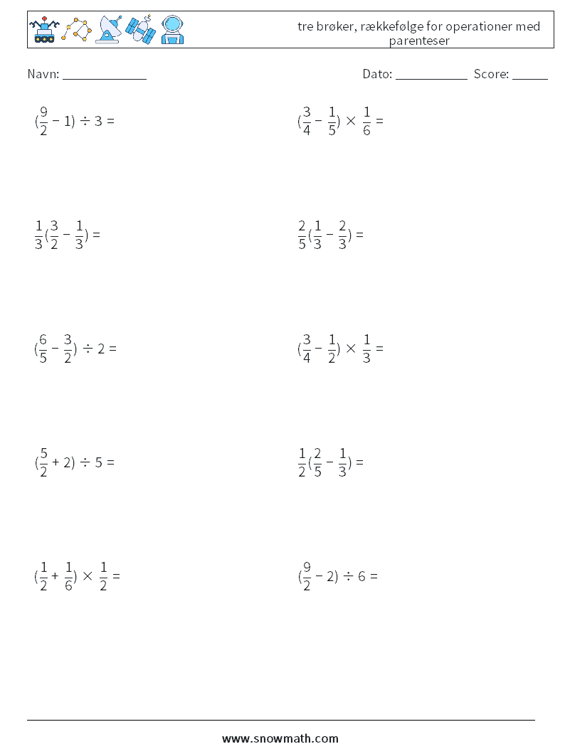 (10) tre brøker, rækkefølge for operationer med parenteser Matematiske regneark 17