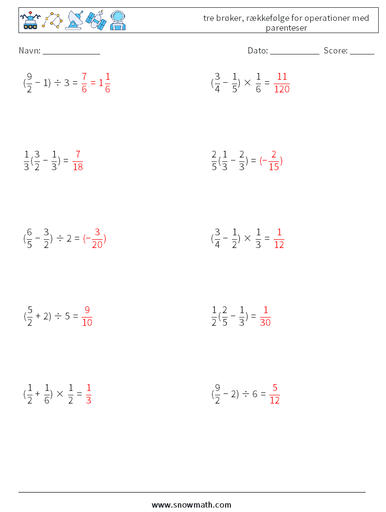 (10) tre brøker, rækkefølge for operationer med parenteser Matematiske regneark 17 Spørgsmål, svar
