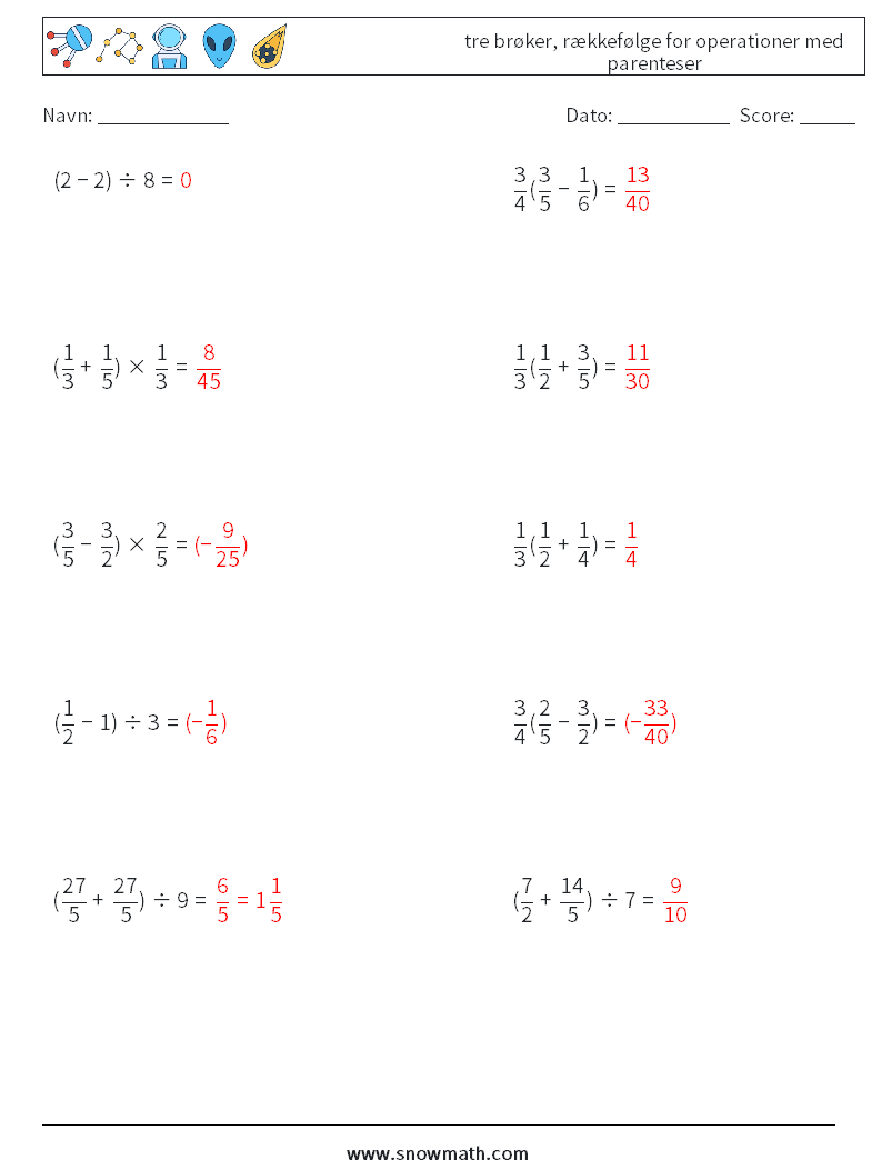 (10) tre brøker, rækkefølge for operationer med parenteser Matematiske regneark 18 Spørgsmål, svar