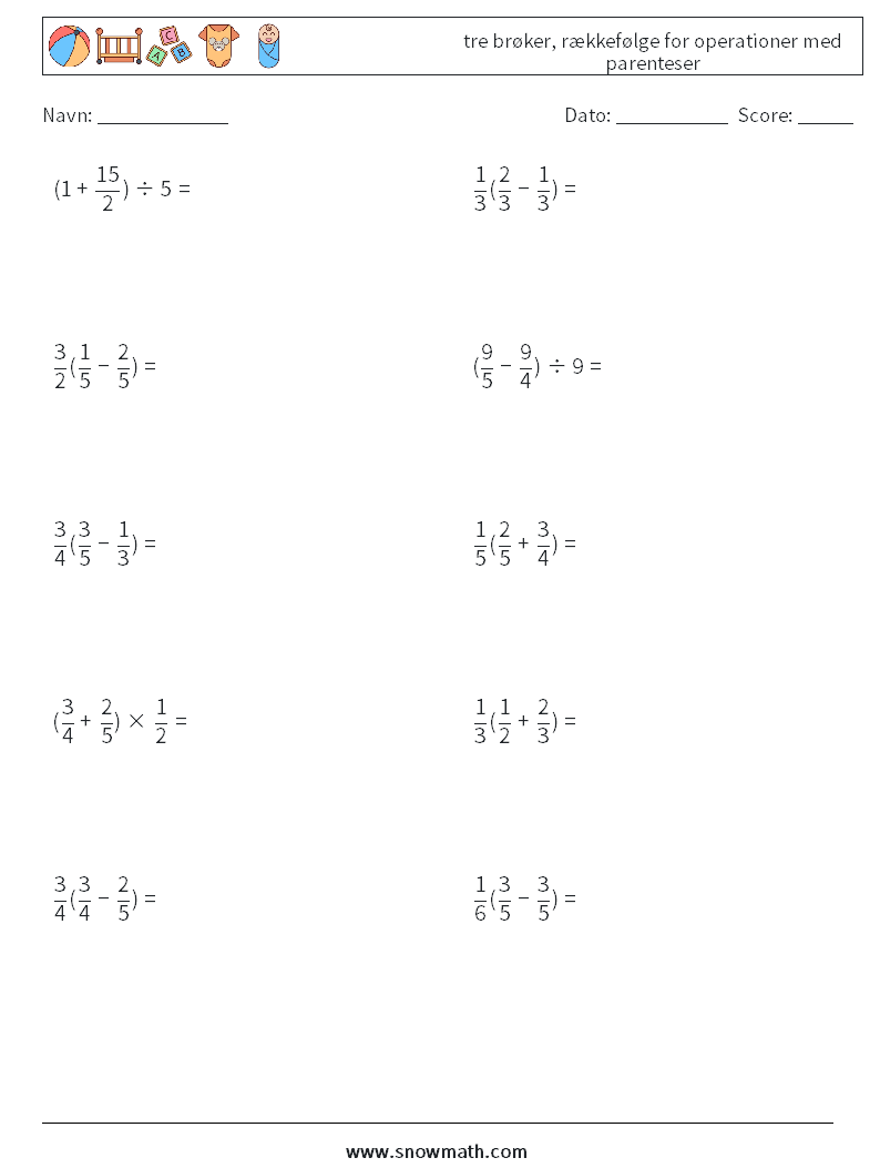(10) tre brøker, rækkefølge for operationer med parenteser Matematiske regneark 3