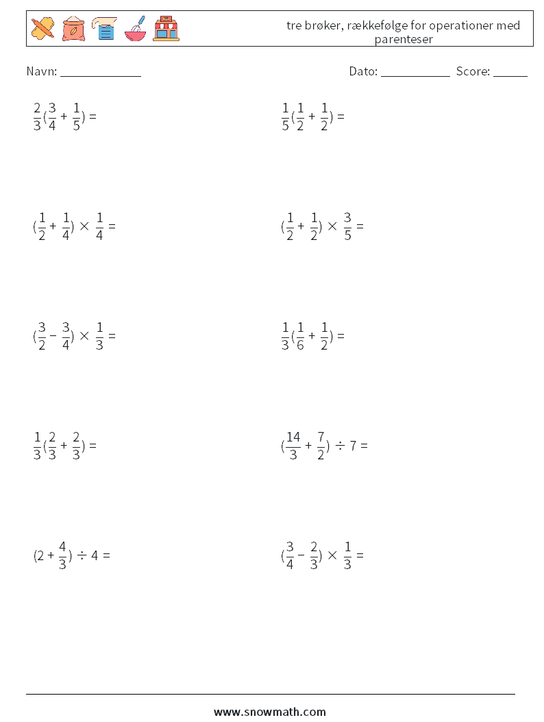 (10) tre brøker, rækkefølge for operationer med parenteser Matematiske regneark 5