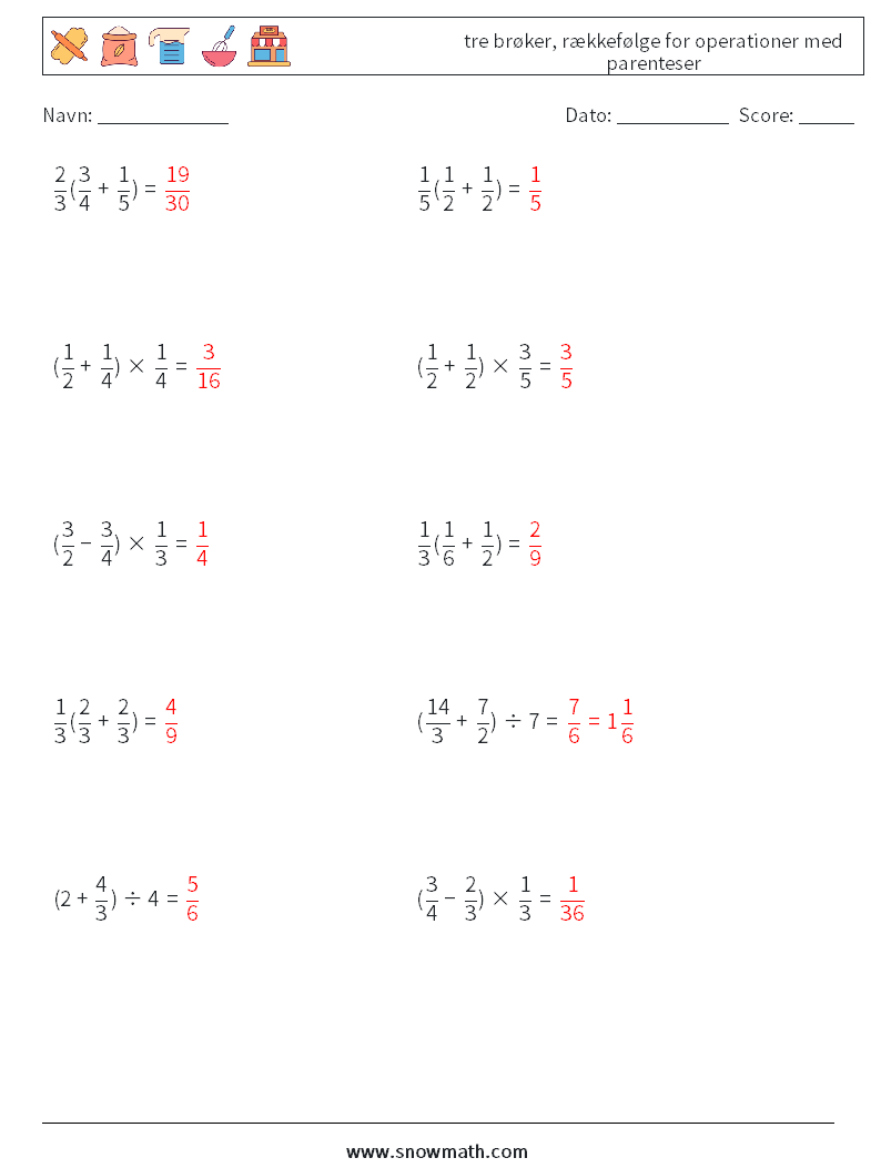 (10) tre brøker, rækkefølge for operationer med parenteser Matematiske regneark 5 Spørgsmål, svar