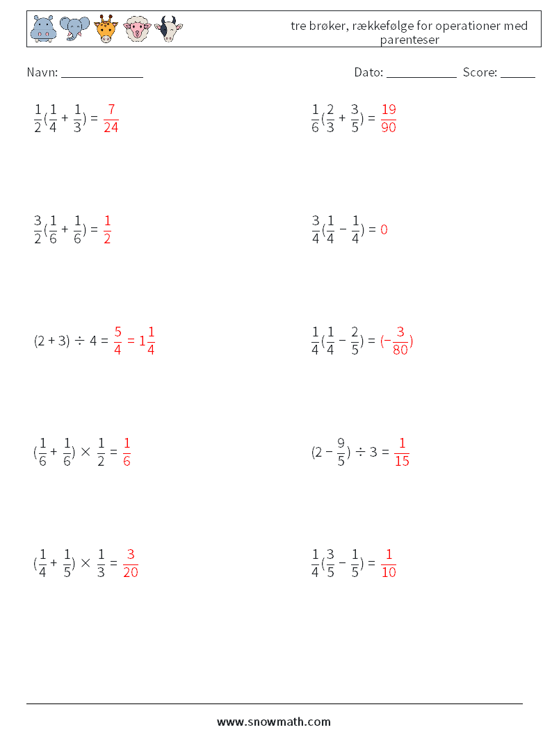 (10) tre brøker, rækkefølge for operationer med parenteser Matematiske regneark 6 Spørgsmål, svar