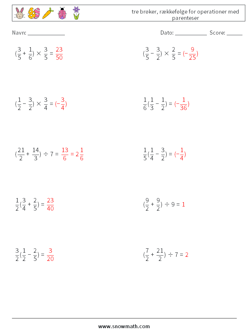 (10) tre brøker, rækkefølge for operationer med parenteser Matematiske regneark 7 Spørgsmål, svar