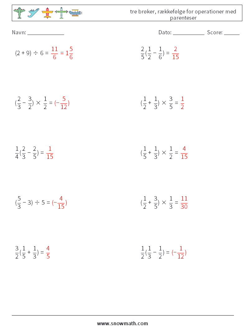 (10) tre brøker, rækkefølge for operationer med parenteser Matematiske regneark 8 Spørgsmål, svar