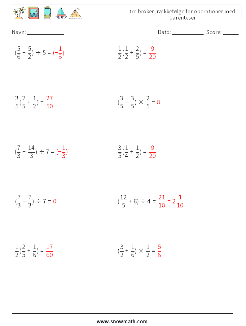 (10) tre brøker, rækkefølge for operationer med parenteser Matematiske regneark 9 Spørgsmål, svar