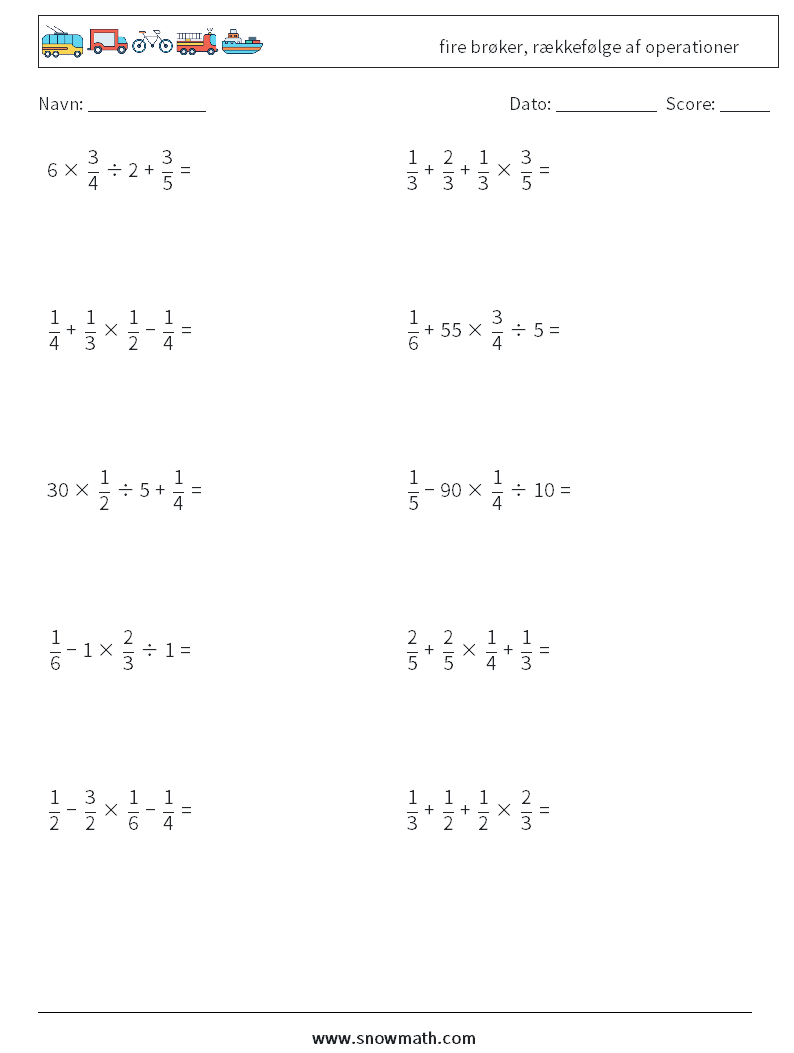 (10) fire brøker, rækkefølge af operationer Matematiske regneark 10