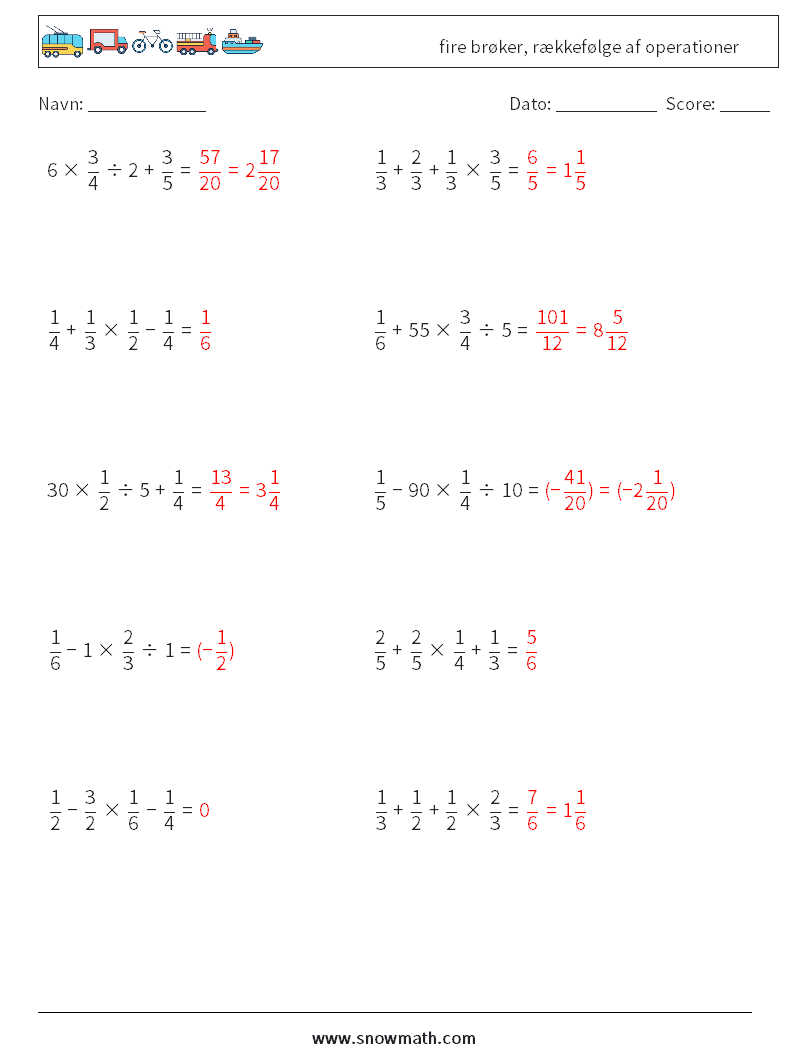 (10) fire brøker, rækkefølge af operationer Matematiske regneark 10 Spørgsmål, svar
