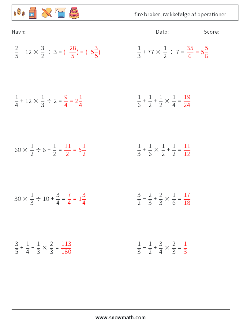 (10) fire brøker, rækkefølge af operationer Matematiske regneark 11 Spørgsmål, svar